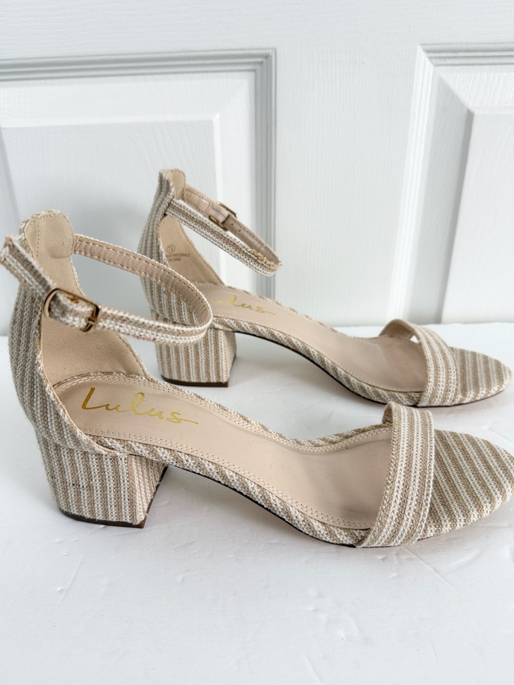 Lulu's Striped Beige Ankle-Strap Block Heel Sandals 7 1/2 M